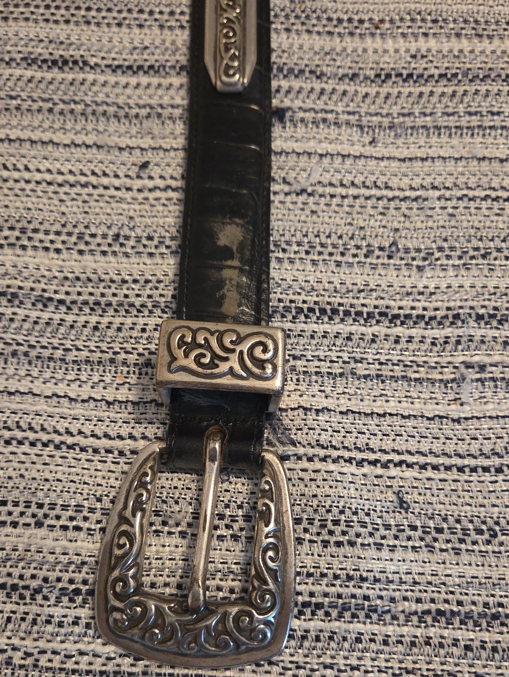 Small Black Leather Belt with Ornate Silver Buckle